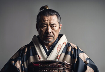 Middle-aged male Samurai warrior with stoic expression, wearing traditional samurai armor and kimono, isolated white background, dim light

