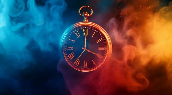 Mysterious clock among colorful smoke time concept fantasy theme