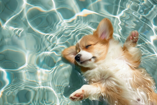 Close-up photo of cute corgi dog in a pool water in a hot summer day. Copyspace