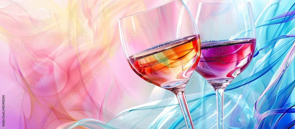 Poster three wine glass with wine swirls pastel background. copy space image. place for adding text and des