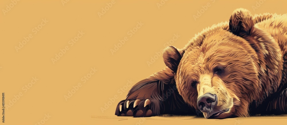 Poster brown grizzly bear resting in a zoo pastel background. copy space image. place for adding text and d
