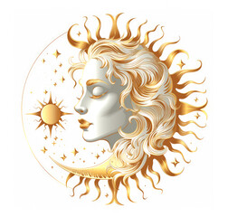 Moon in the form of a beautiful golden-haired girl with closed eyes, illustration isolated on a white background