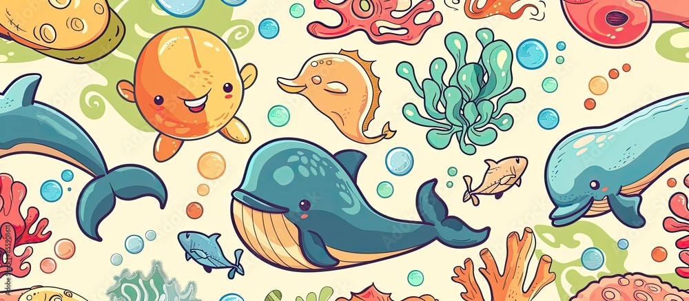 Poster cartoon colorful seamless pattern with sea animals. copy space image. place for adding text and desi