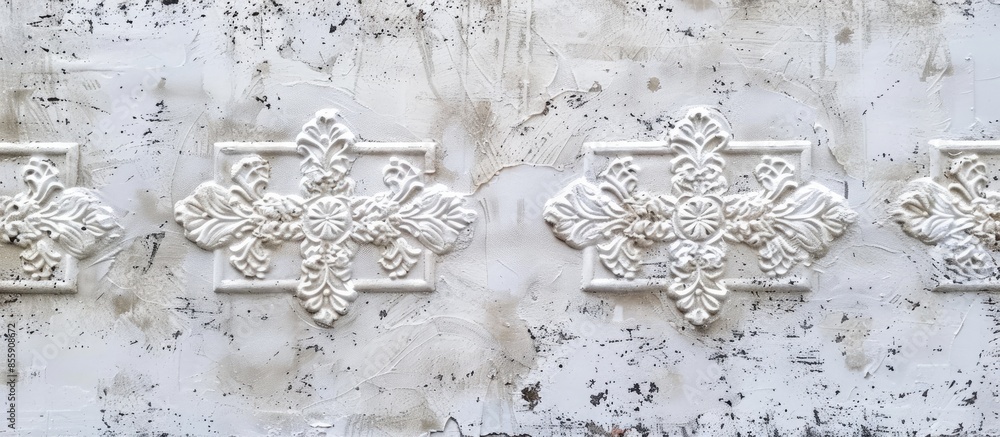 Poster white ceramic tiles with abstract lace pattern for wall decoration. concrete stone surface backgroun
