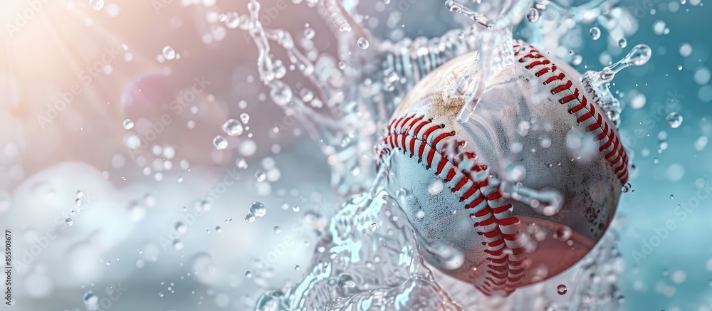 Poster baseball with water splash. high quality rendering. pastel background. copy space image. place for a