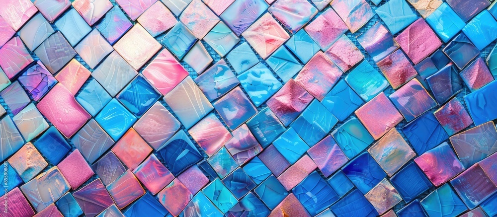 Poster blue and magenta background colored mosaic. texture tiles for bathroom. copy space image. place for 