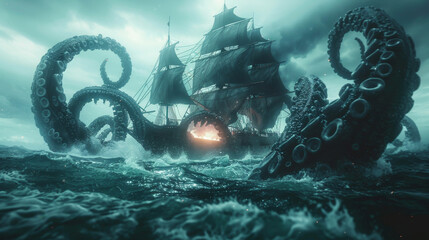 Majestic kraken emerges beside old ship in the dark ocean