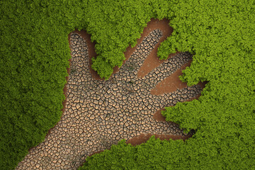 deforestation concept. Dry land shaped like a hand, surrounded by a green forest.