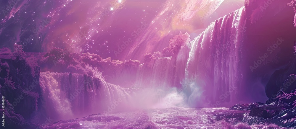 Poster beautiful mystical landscape with a crystal waterfall and a beautiful purple forest in the cosmic sp
