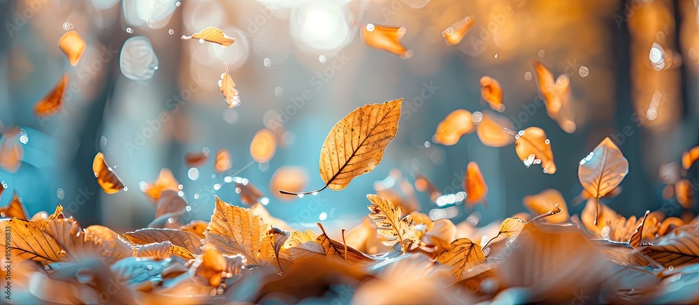 Poster background of dry yellow and brown leaves in fall. outdoor. autumn leaves background. focus on one o