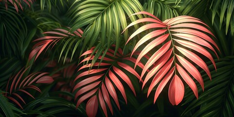 Palm branch with golden leaves against the backdrop of the sea and sunset. The sun's rays penetrate the leaves, creating a warm and relaxing effect.