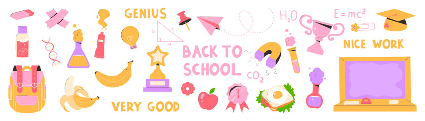 children school elements. Set of school supplies. 32 stickers. Back to school