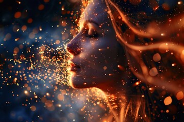 A mesmerizing portrait of a woman made of light particles.