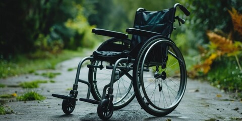 Obraz premium Wheelchair and Disabled Person Concept, Highlighting Disability Benefits, Freedom, Equality, Inclusion, and Caring for Disabled and Empty Nest Seniors. High-Resolution Background Generated by AI.