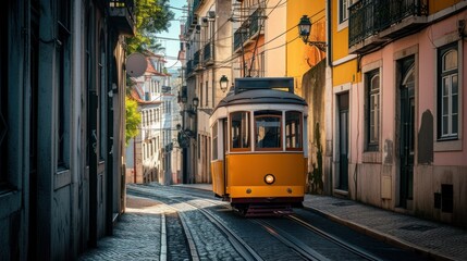 Romantic Lisbon street with the typical yellow tram and Lisbon Cathedral on the background