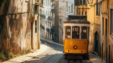 Romantic Lisbon street with the typical yellow tram and Lisbon Cathedral on the background