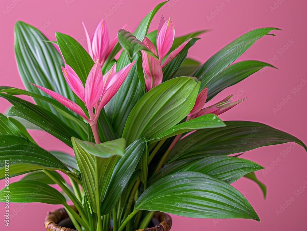 Poster pink lily on a bokeh background with soft lighting. the flower and buds are located on a thin branch