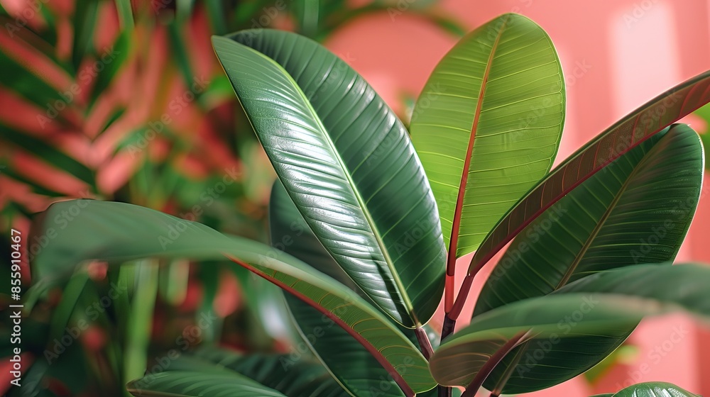 Poster green ficus leaves on a dark background. leaves of different sizes and shapes create a contrasting a