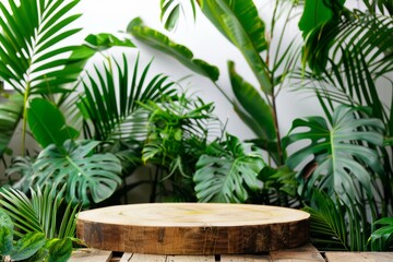 Fototapeta premium Rustic wooden pedestal set against a backdrop of lush green tropical foliage. Ideal for product displays or natural-themed presentations