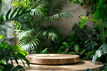 Obraz premium Round wooden pedestal set against a backdrop of vibrant tropical greenery. Sunlight streams in, highlighting the natural textures, perfect for product displays