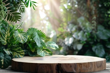 Natural wooden pedestal set against a lush green backdrop, perfect for product displays. Sunlight filters through the leaves, creating a serene, organic atmosphere