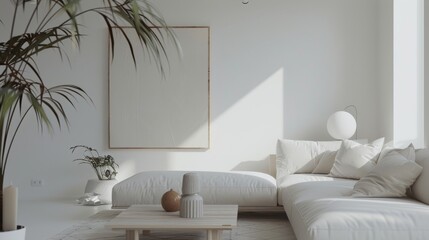 A chic and contemporary living room design showcasing a white canvas backdrop, Stylishly arranged minimalist furniture, Minimalist Nordic style