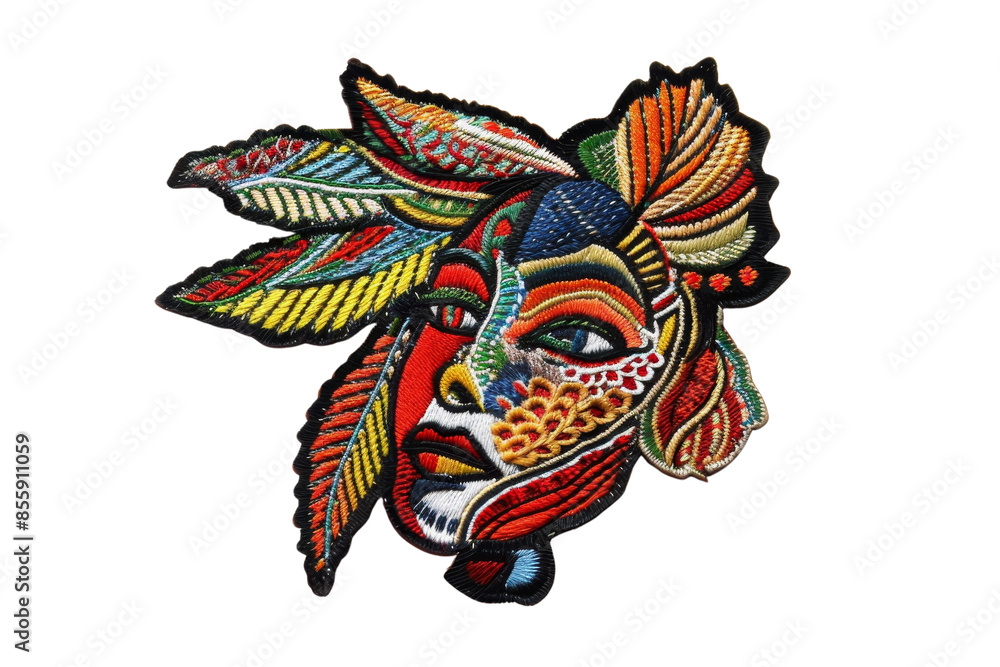 Poster vibrant abstract face art with colorful patterns and intricate designs, featuring a blend of feather