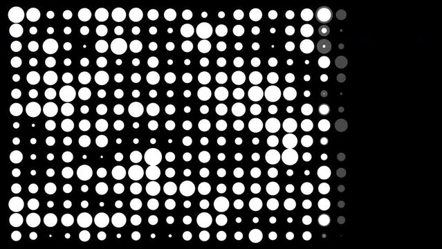 Abstract geometrical circle shapes moving and pulsating in white on black background, in fragmentation dots in black and white flow motion patters background	
