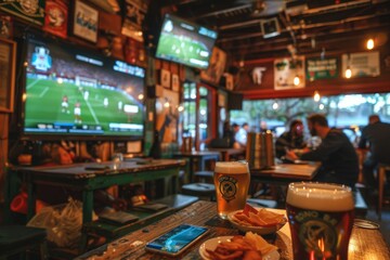 Obraz premium Sports Bar Scene with Fans and Live Match Stats blurred background of t.v. match screen