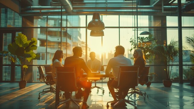 Formal business meeting where coworkers, shareholders, or clients discuss private ideas and analyze data reports to find solutions together.