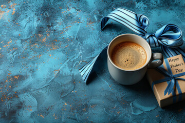 A minimalist background for "Happy Father's Day" with coffee, gift boxes and blue striped neckties on the right side of an empty royal blue surface.
