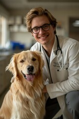 A man in a white lab coat is smiling at a dog