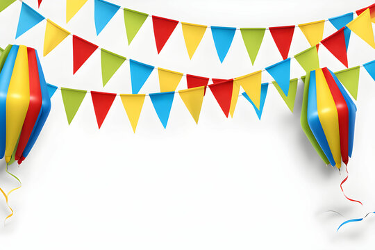 Bandeirinhas de São João, varal de bandeiras triangulares com dois balões coloridos amarela, azul, verde e vermelho em fundo branco