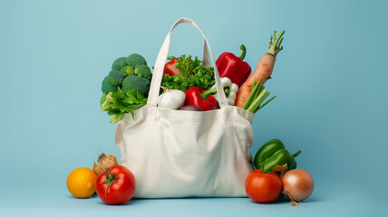 a white tote bag full of vegetable on a light blue background with space for text