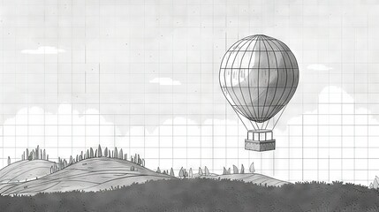  Hot Air Balloon Landscape - Black & White Drawing