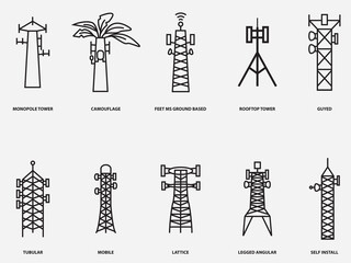 type of telecommuncation tower outline icon collection.telecom mobile pictogram vector symbol isolated on white background 
