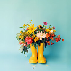Vivid yellow rain boots filled with a colorful assortment of flowers against a blue background