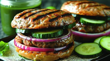   Close-up of hamburger on plate with cucumbers and green juice in background