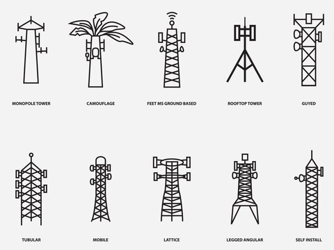type of telecommuncation tower outline icon collection.telecom mobile pictogram vector symbol isolated on white background 