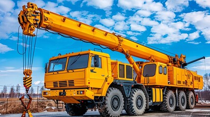 Yellow crane with raised boom under blue sky.