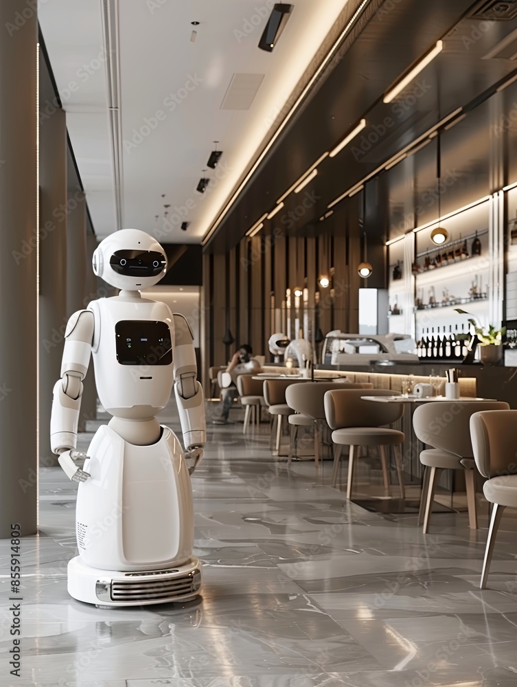 Poster In a modern restaurant, a white robot powered by AI is ready to serve customers, enhancing the sleek and professional design focused on customer experience. Generative AI