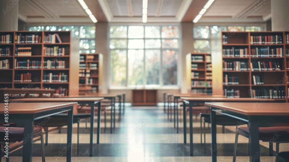 Aufkleber blurred empty college library with bookshelves and study areas abstract