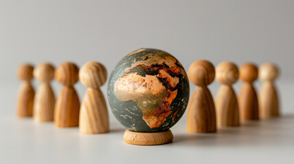  A group of wooden figures encircles earth globe, symbolizing global unity and population awareness for World Population Day.