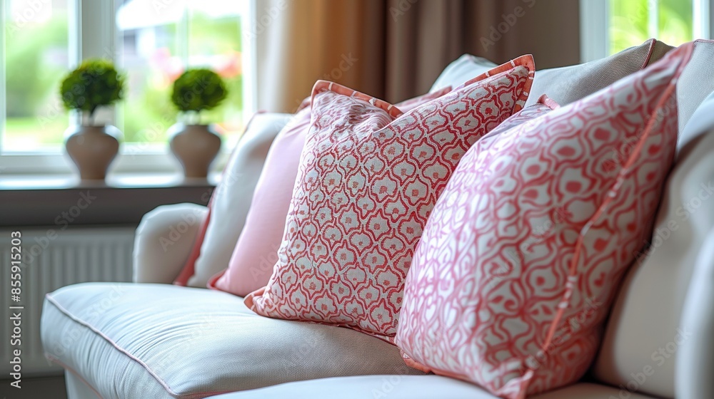 Sticker   A white couch with a cluster of pillows and two vases adorned with blooming flowers on top