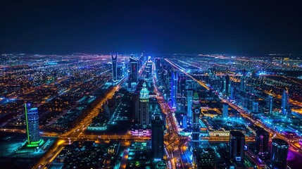 Fototapeta premium Night view of the city skyline in Saudi Arabia featuring the illuminated Kingdom Tower glowing with blue lights. Aerial view of vibrant skyscrapers and bustling streets, capturing the essence of moder