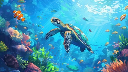 colorful coral reef sea turtle swimming with tropical fish digital illustration