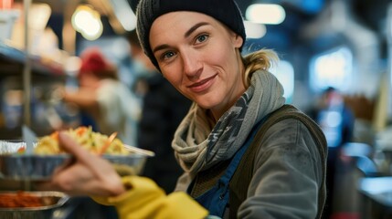 compassionate volunteer serving hot meals to those in need bringing hope and nourishment at a community soup kitchen empathetic portrait