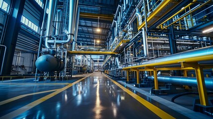 Fototapeta premium Modern industrial factory with blue floors, pipes, machinery; oil plant backdrop.