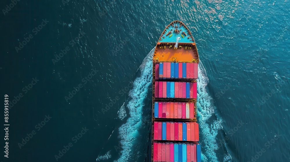 Poster container ship transporting cargo for import and export in open sea freight transportation
