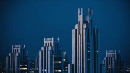 This is a night scene of a city with a cluster of skyscrapers in the center. The sky is dark and there are some stars visible.


